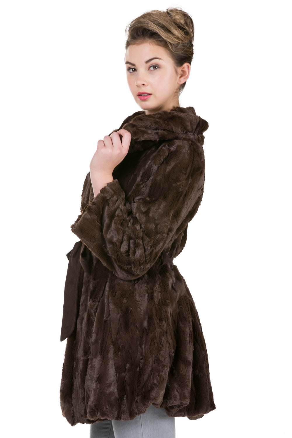 Women's Faux Fur Jacket with Synthetic Swede Belt and Flare Sleeves - Shop Lev