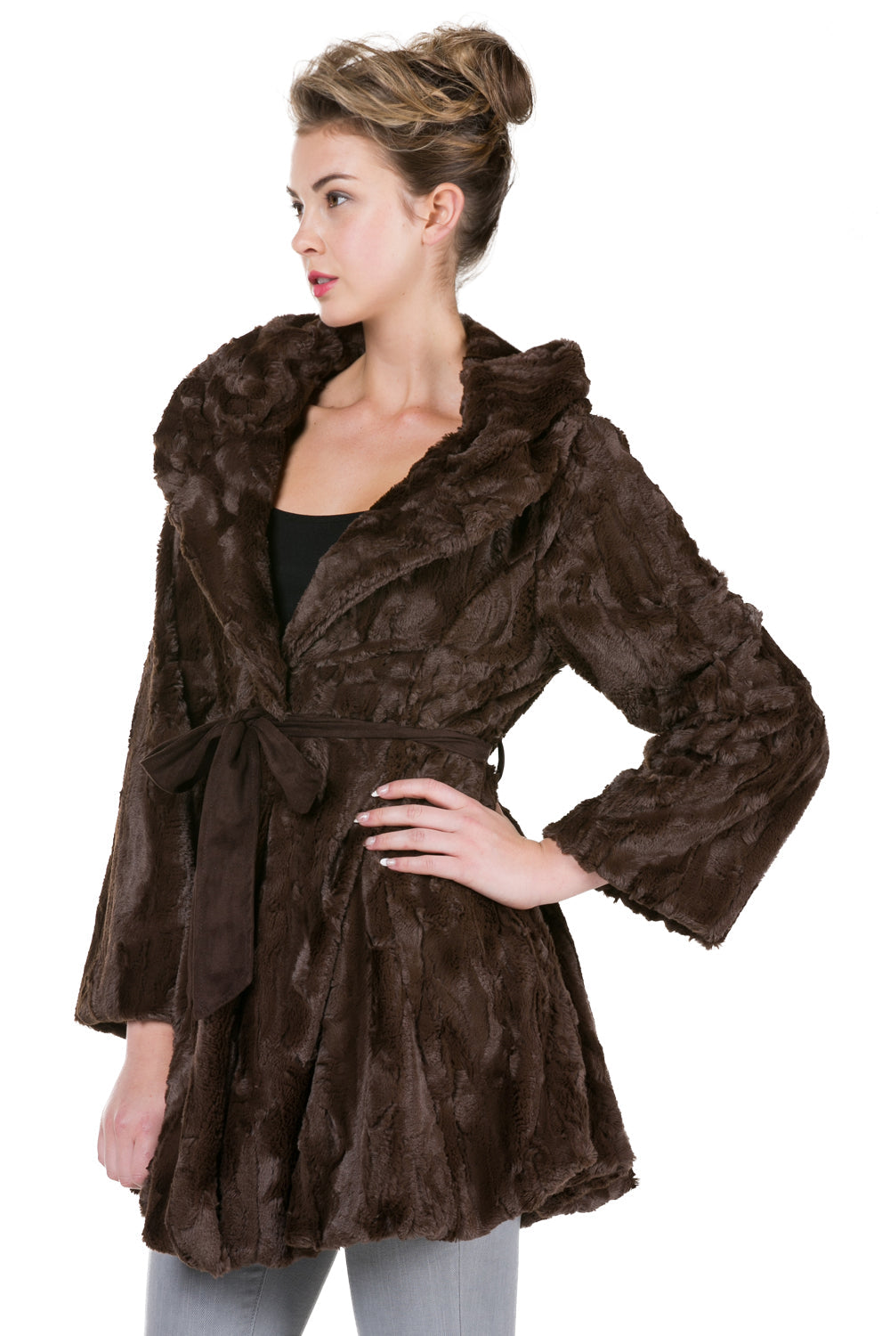 Women's Faux Fur Jacket with Synthetic Swede Belt and Flare Sleeves - Shop Lev