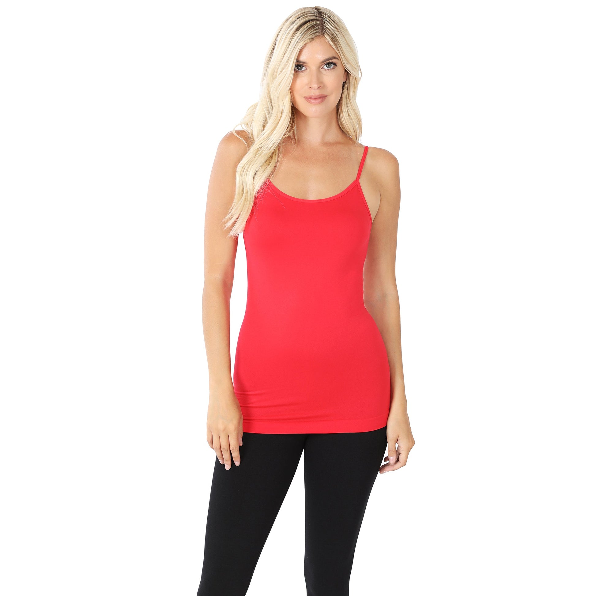 Ribbed Knit Seamless Double Spaghetti Strap Cropped Cami Tank Top