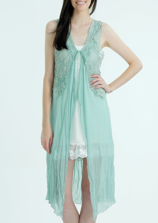 Lace Chiffon Long Lace Vest with lace tie on the chest - Shop Lev