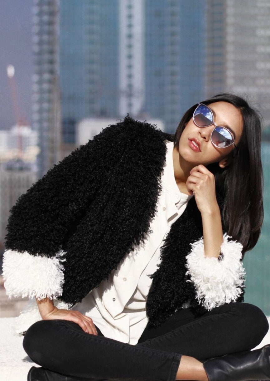 Sleeve Color black sheep faux fur front zipper jacket